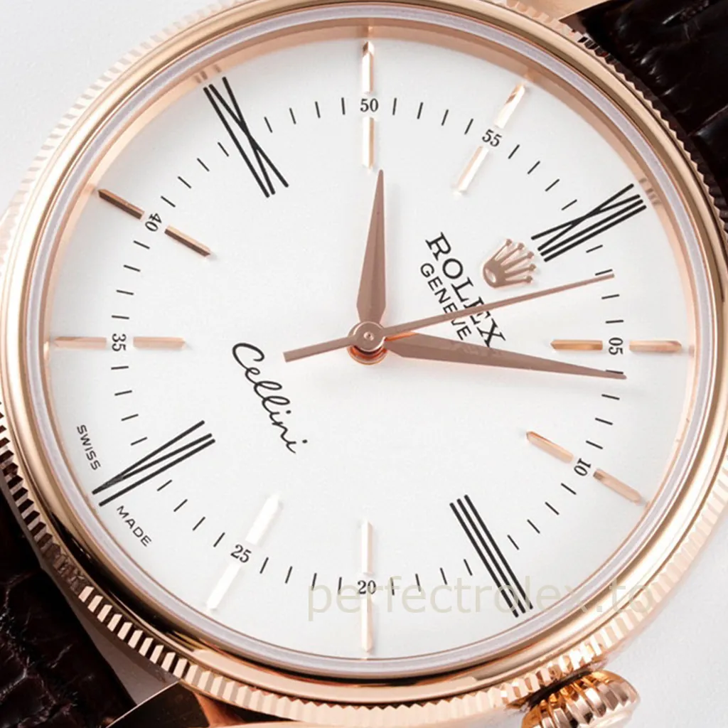Rolex Cellini Classic rose gold watch with a white dial, Roman numeral hour markers, and a brown leather strap.
