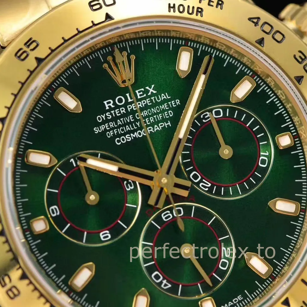 Rolex Oyster Perpetual Cosmograph Daytona yellow gold watch with green dial, chronograph subdials, luminous markers and tachymeter bezel.