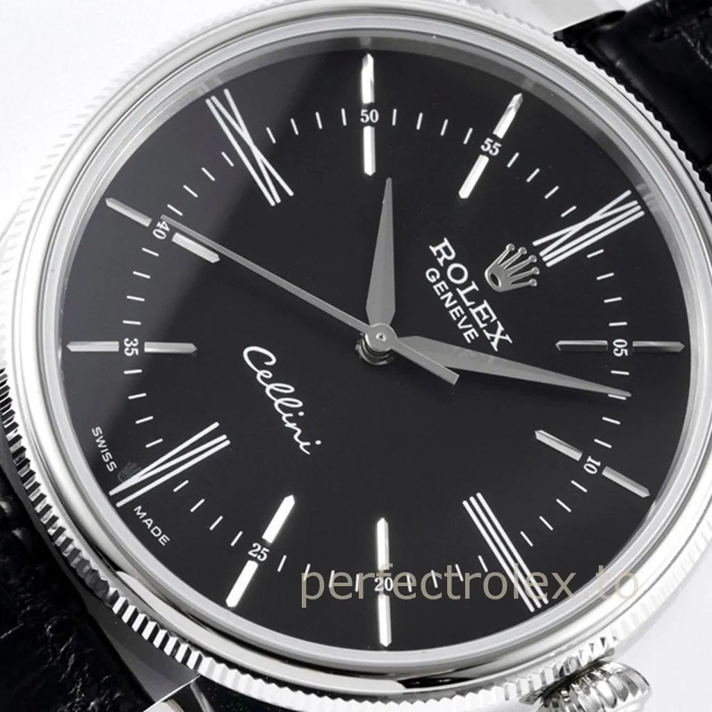Rolex Cellini Classic white gold watch with black dial, Roman numeral hour markers, and black leather strap.