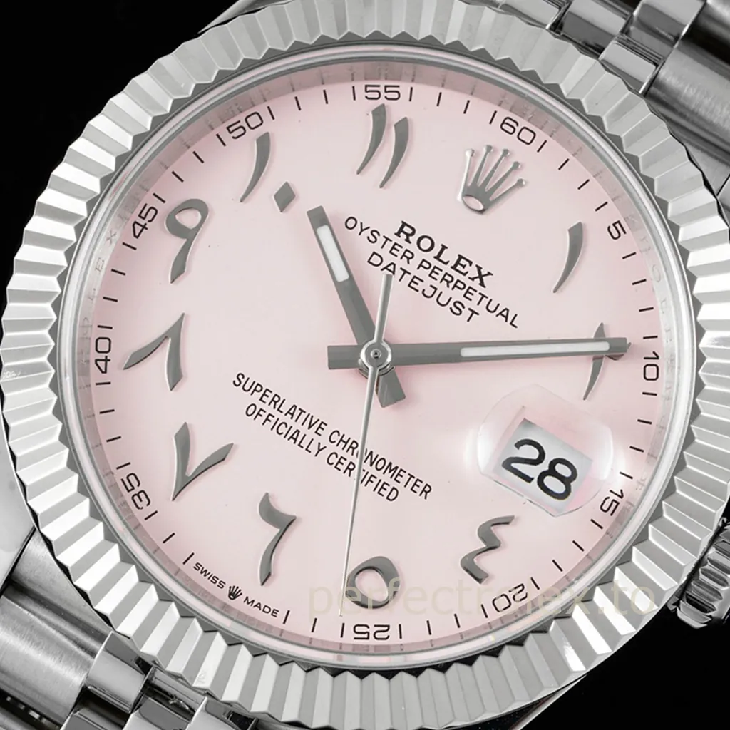 Rolex Oyster Perpetual Datejust pink dial watch with fluted bezel, date window, and stainless steel bracelet.
