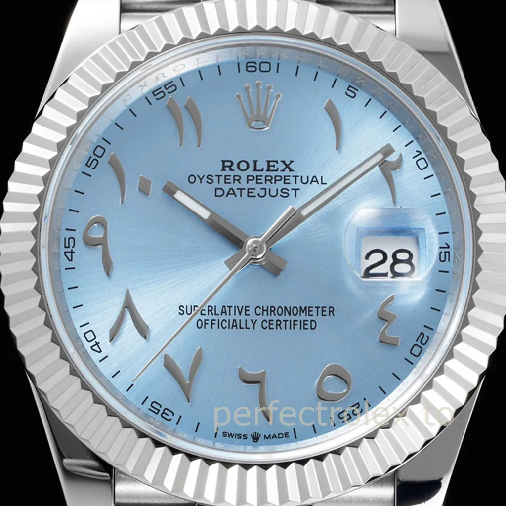 Rolex Oyster Perpetual Datejust blue dial watch with Arabic numerals, fluted bezel, Cyclops date window, and stainless steel bracelet