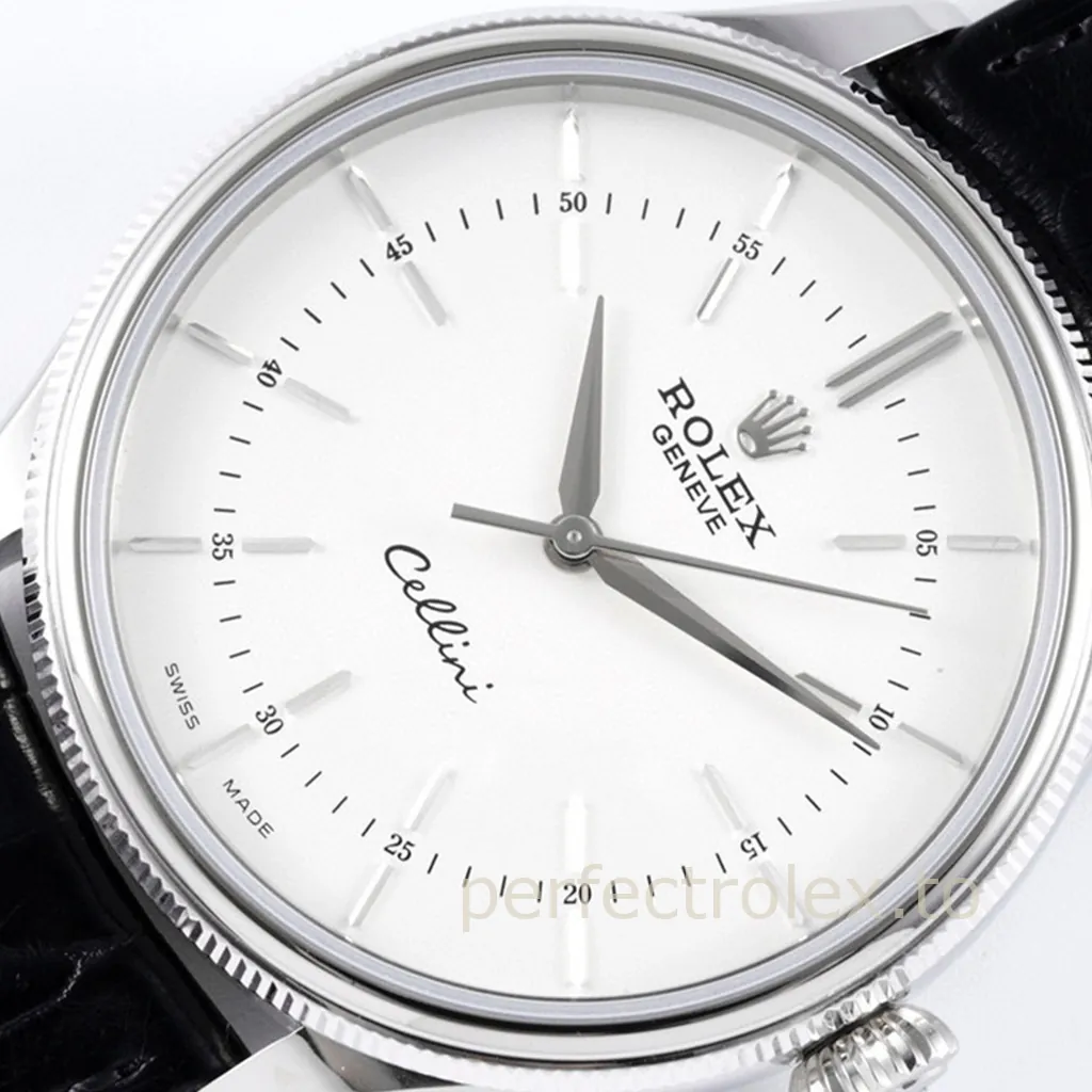 Rolex Cellini watch with white dial, silver hour markers, fluted bezel, and black leather strap.