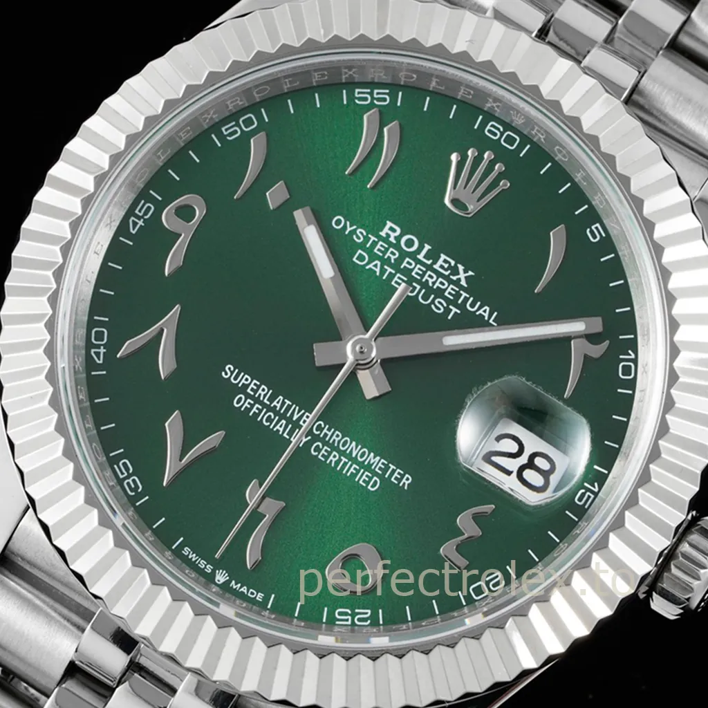 Rolex Datejust Oyster Perpetual green dial watch with fluted bezel, Jubilee bracelet, Arabic numerals, and date window