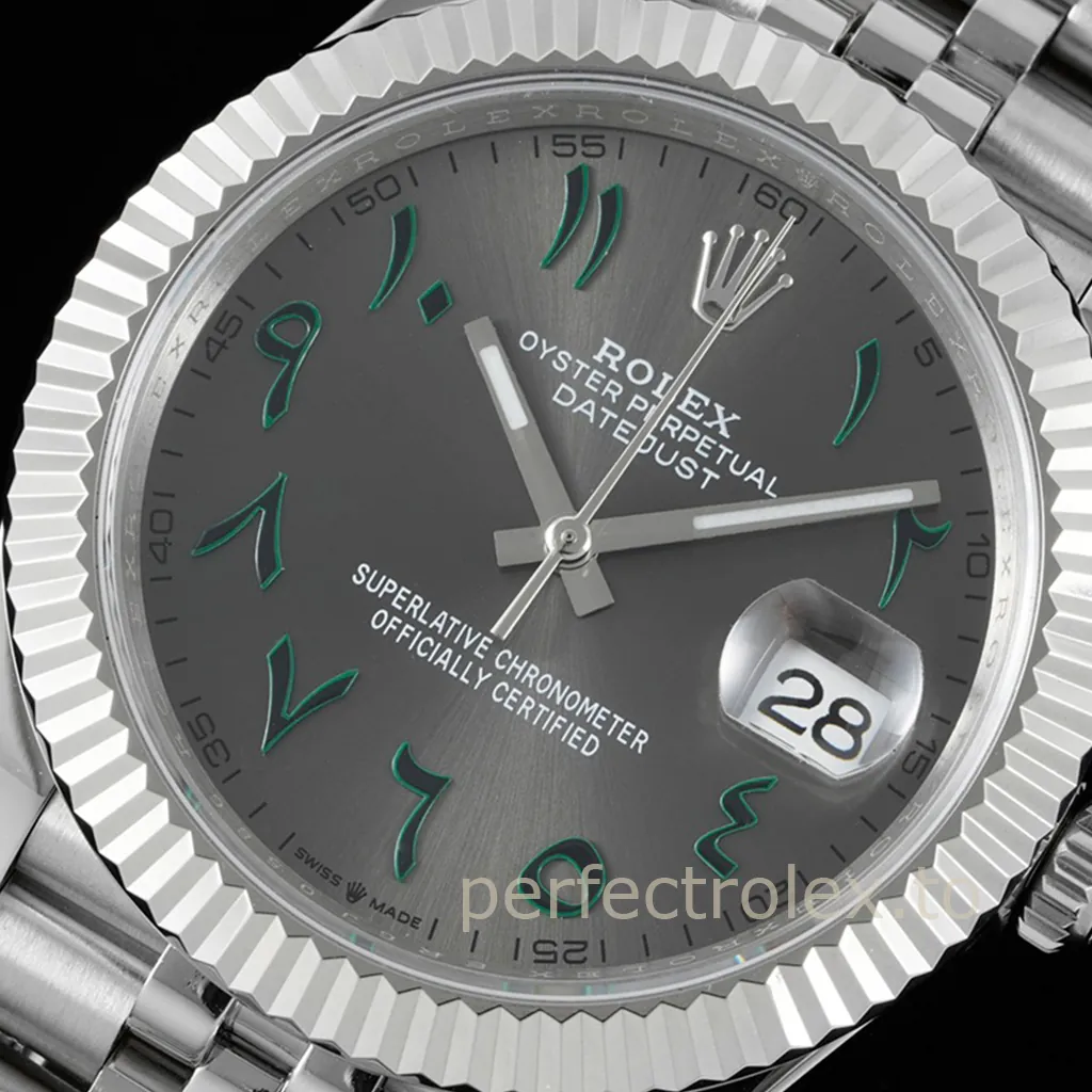 Rolex Oyster Perpetual Datejust watch with gray dial, green Arabic numerals, fluted bezel, Cyclops date window, and stainless steel bracelet.
