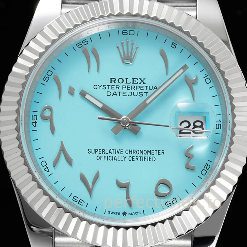 Rolex Oyster Perpetual Datejust turquoise blue dial watch with Arabic numerals, fluted bezel, Cyclops date window, and stainless steel bracelet