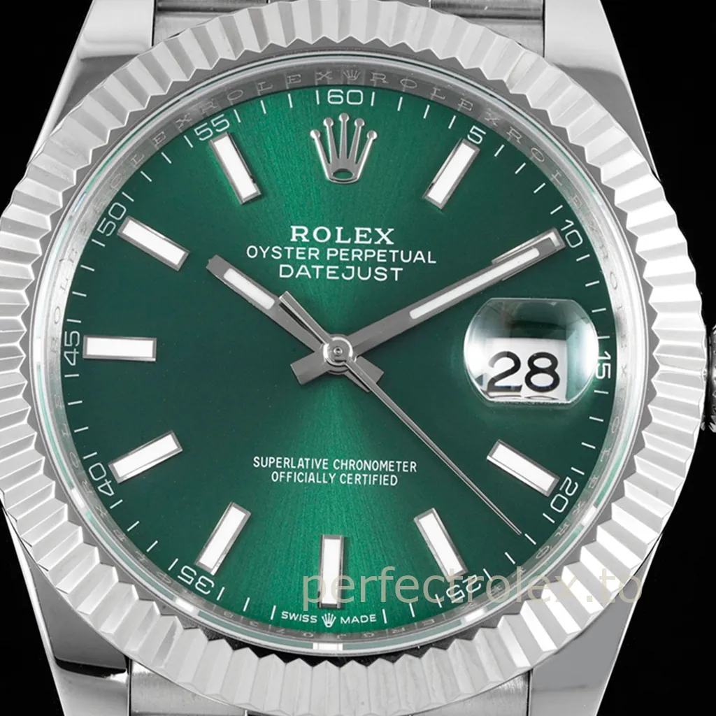 Rolex Oyster Perpetual Datejust watch with green sunburst dial, fluted bezel, Cyclops date window, and stainless steel bracelet.