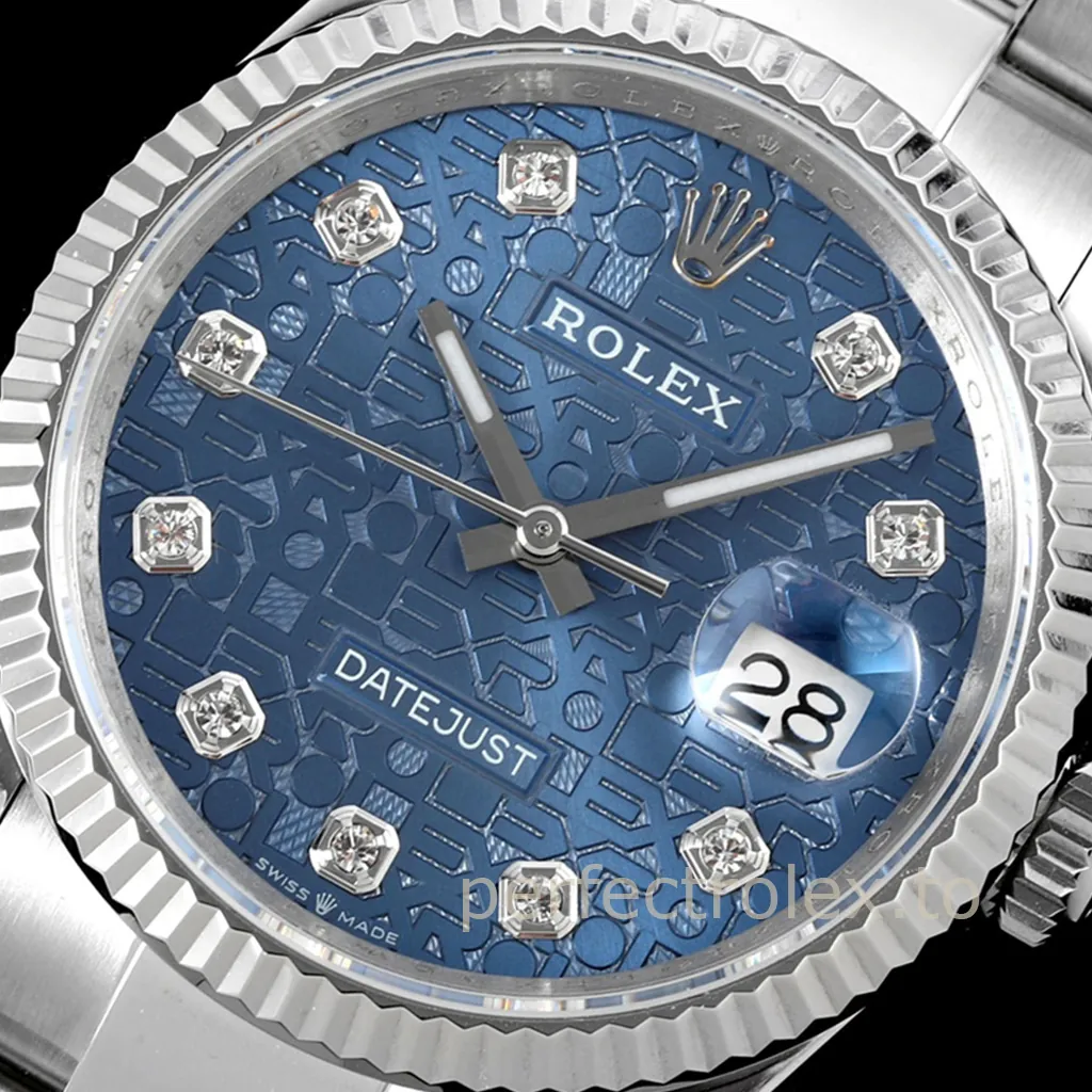 Rolex Oyster Perpetual Datejust blue patterned dial watch with diamond hour markers, fluted bezel, Oyster bracelet, and Cyclops date window.