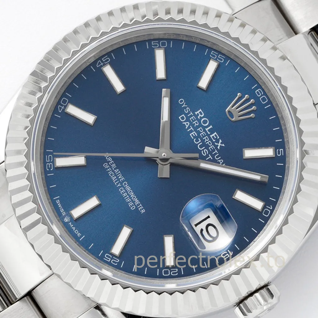 Rolex Oyster Perpetual Datejust blue dial watch with fluted bezel, Oyster bracelet, and Cyclops date window.