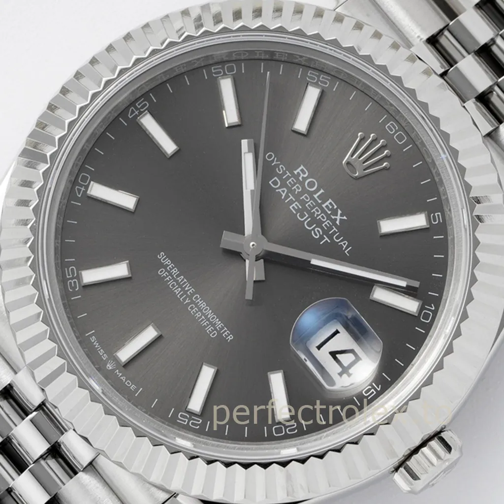Rolex Oyster Perpetual Datejust grey dial watch with fluted bezel, Jubilee bracelet, and Cyclops date magnifier.