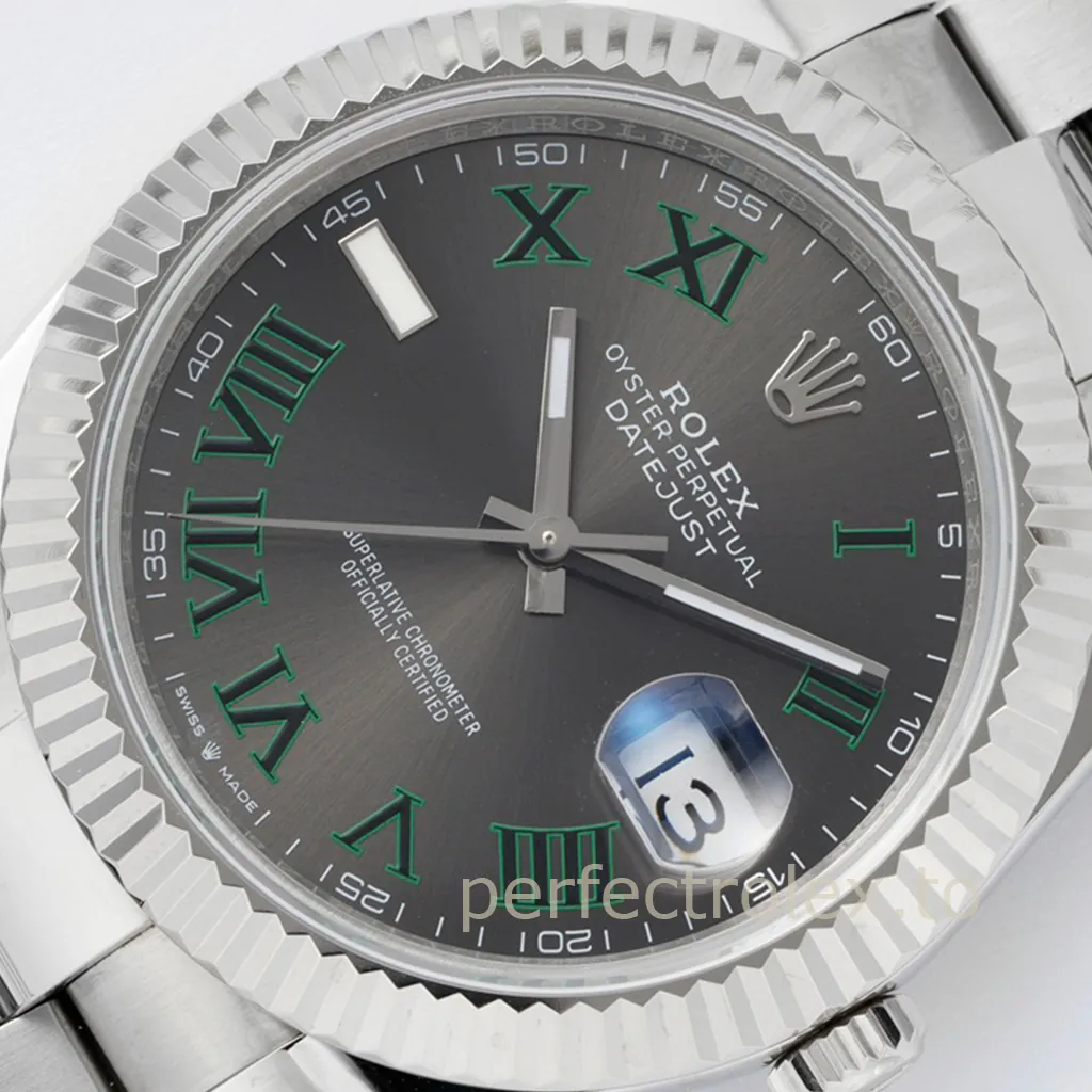 Rolex Oyster Perpetual Datejust grey dial watch with green Roman numerals, fluted bezel, Oyster bracelet, and Cyclops date window.