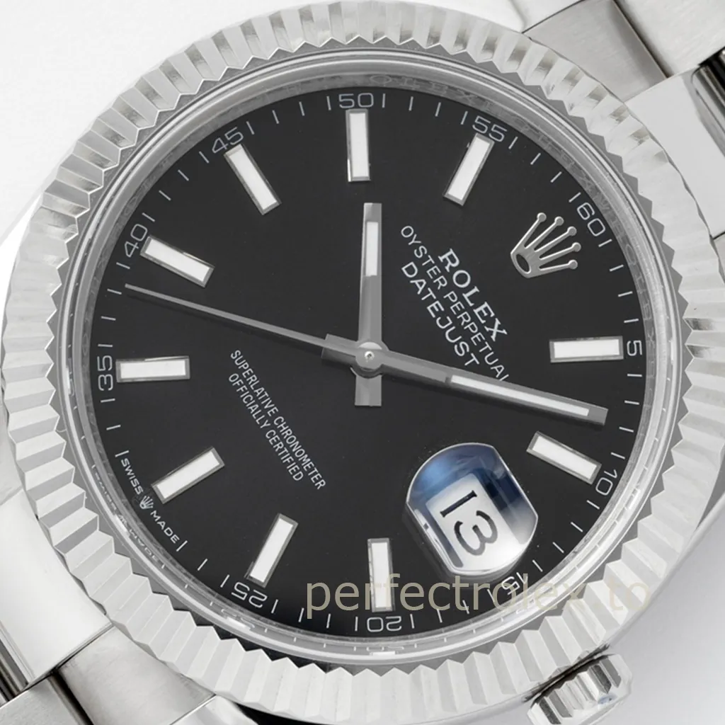 Rolex Oyster Perpetual Datejust black dial watch with fluted bezel, Oyster bracelet, and Cyclops date window.