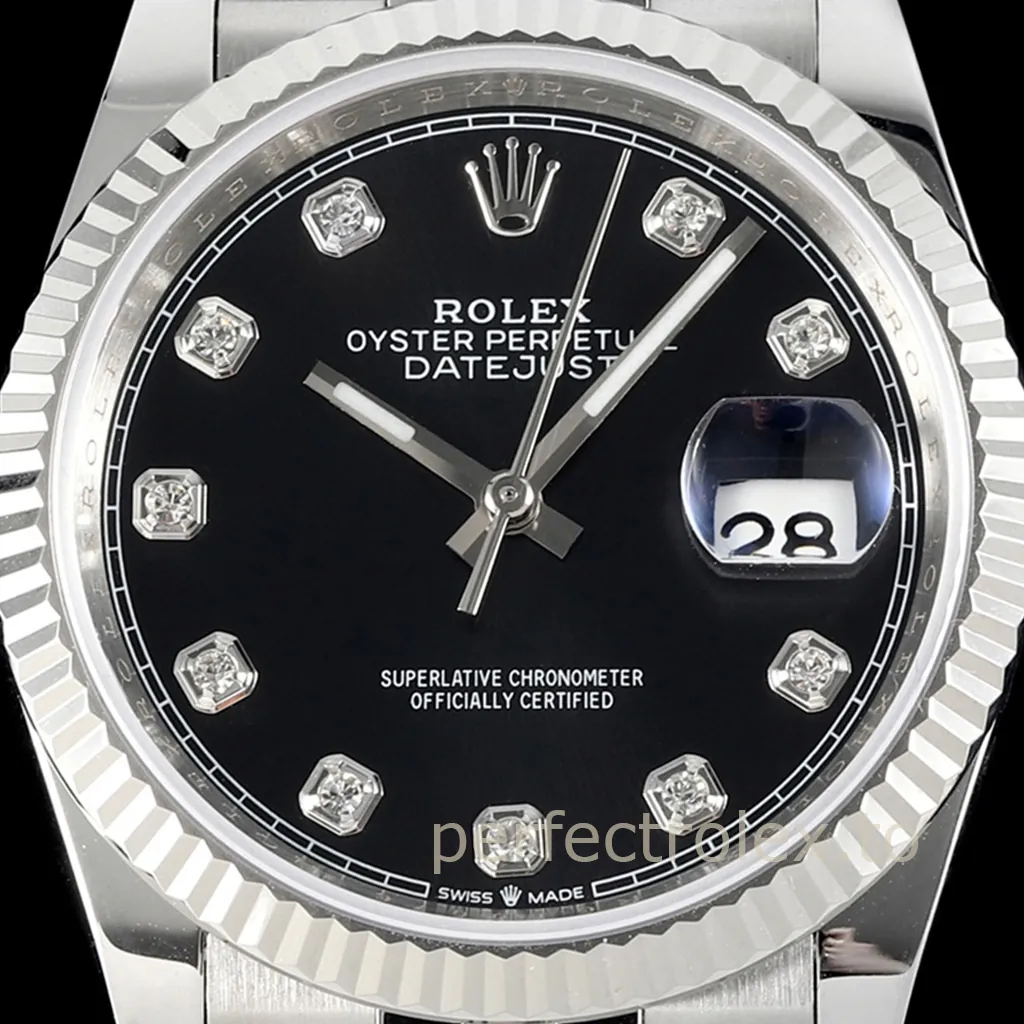 Rolex Oyster Perpetual Datejust black dial watch with diamond hour markers, fluted bezel, and date window