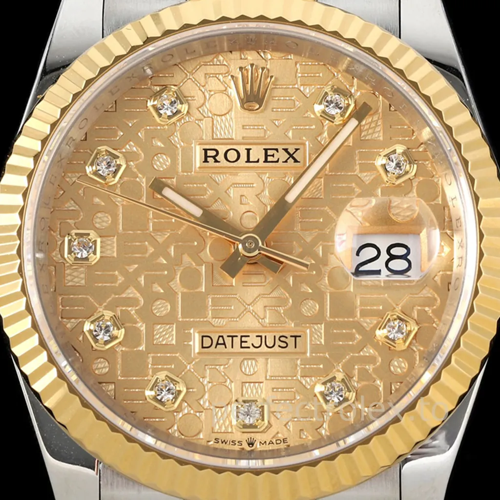 Rolex Datejust champagne logo dial watch with diamond hour markers, yellow gold fluted bezel, and date window