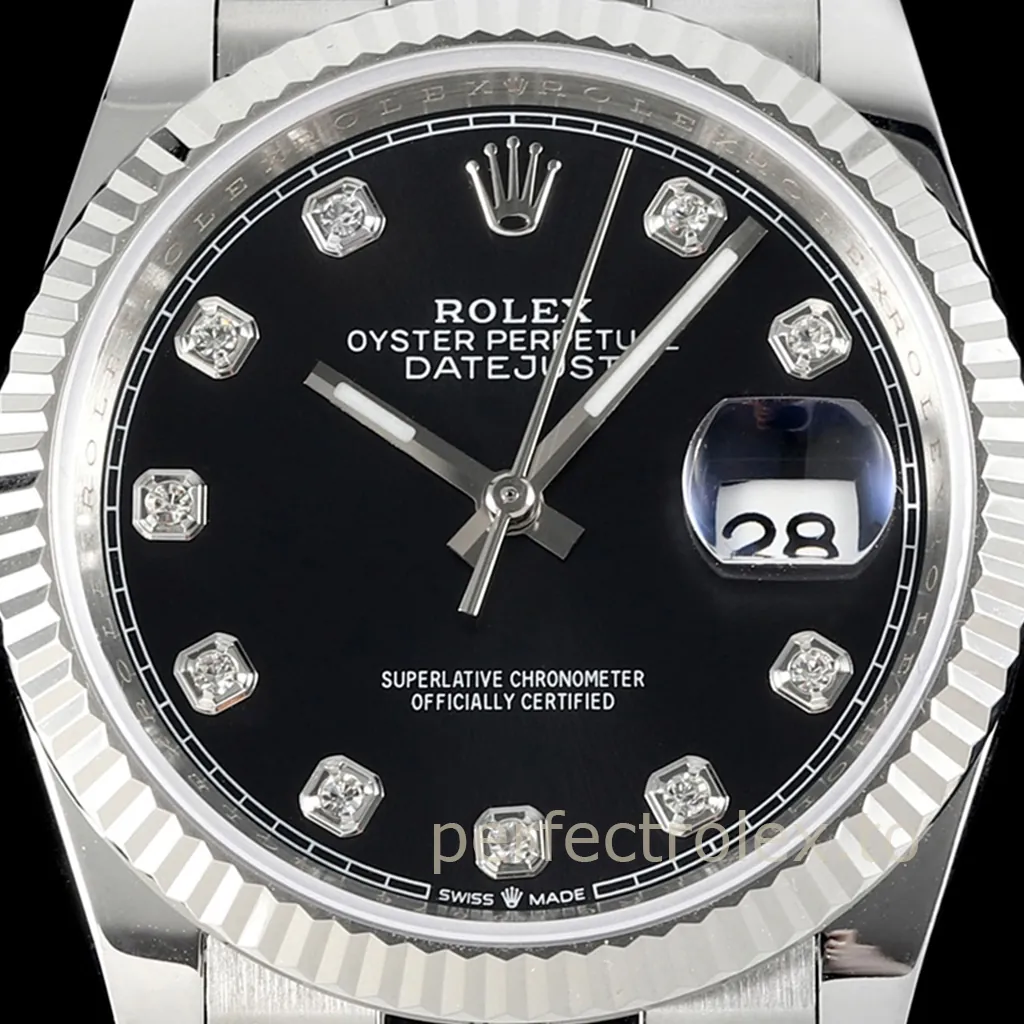 Rolex Oyster Perpetual Datejust black dial watch with diamond hour markers, fluted bezel, and date window