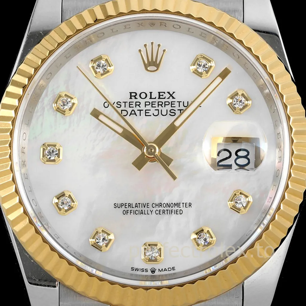 Rolex Oyster Perpetual Datejust mother of pearl dial watch with diamond hour markers, yellow gold fluted bezel, and date window