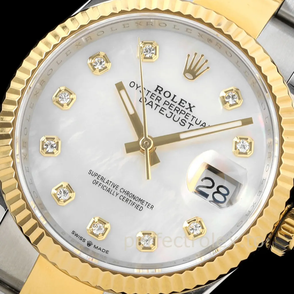 Rolex Oyster Perpetual Datejust mother of pearl dial watch with diamond hour markers, yellow gold fluted bezel, and date window