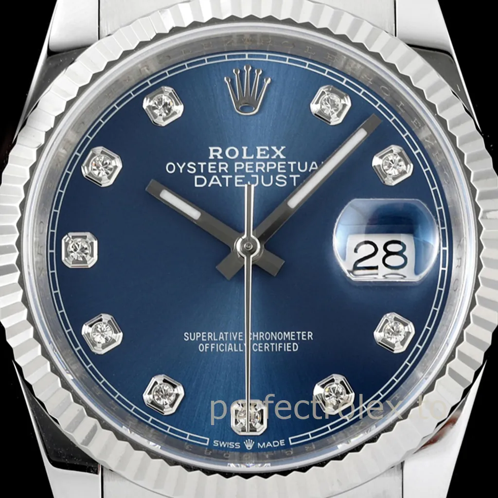 Rolex Oyster Perpetual Datejust blue dial watch with diamond hour markers, fluted bezel, and date window