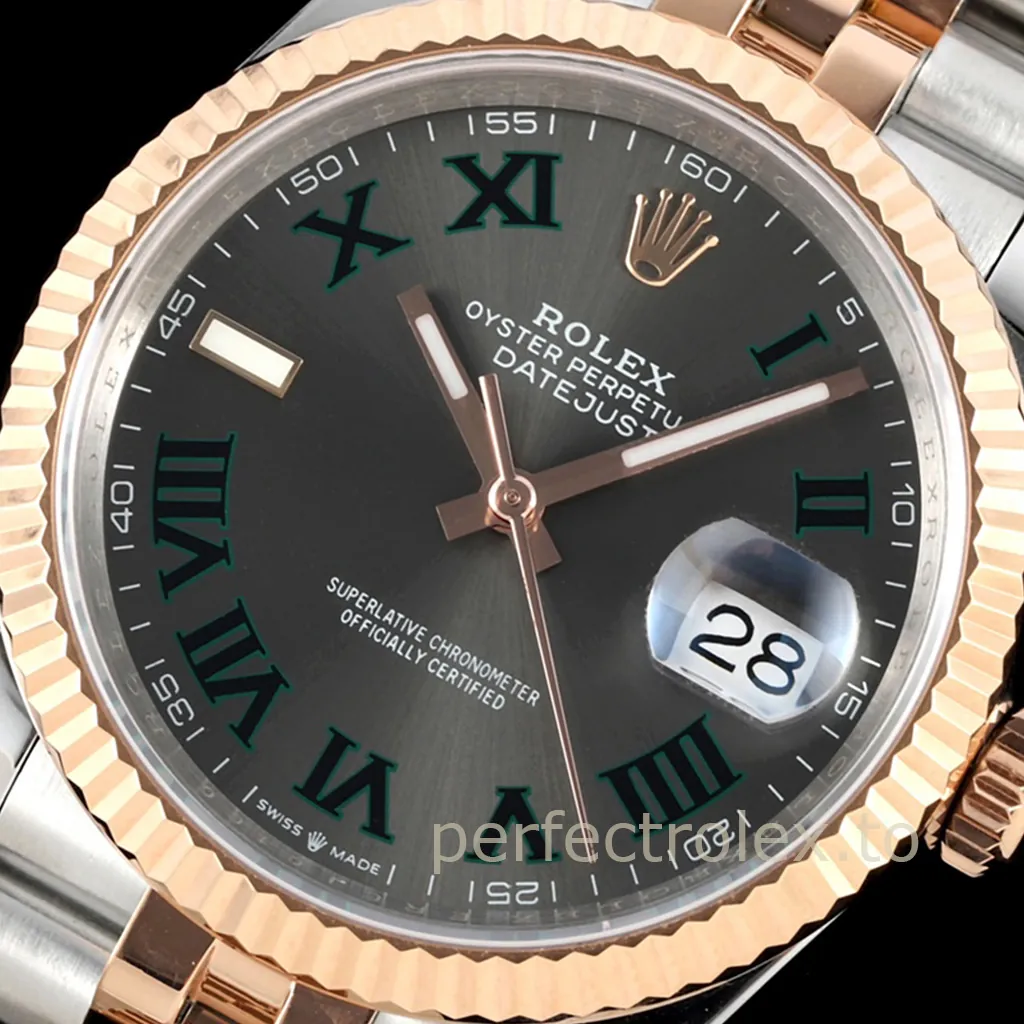 Rolex Oyster Perpetual Datejust slate dial watch with green Roman numerals, rose gold fluted bezel, and date window