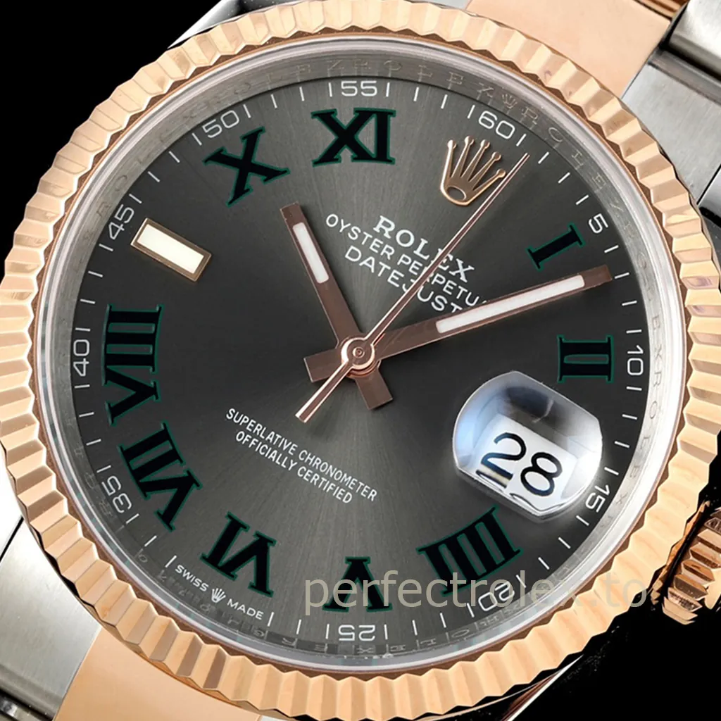 Rolex Datejust 36 two-tone Everose Rolesor watch with slate Wimbledon dial, green Roman numerals, fluted bezel and Cyclops date window.