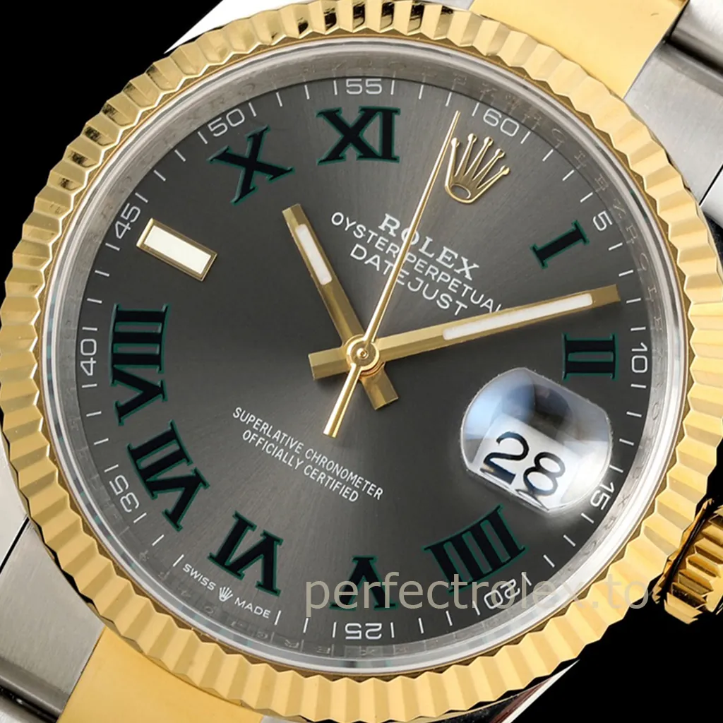 Rolex Datejust 36 Yellow Rolesor Wimbledon dial watch with green Roman numerals, yellow gold fluted bezel, Oyster bracelet and Cyclops date window.