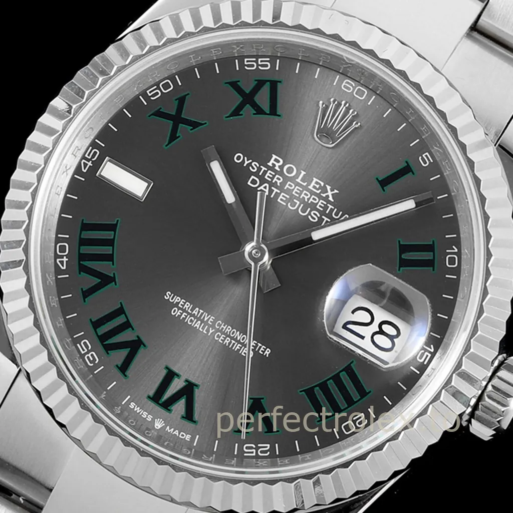 Rolex Datejust 36 Wimbledon dial watch with slate grey face, green Roman numerals, white gold fluted bezel, Oyster bracelet and Cyclops date window.