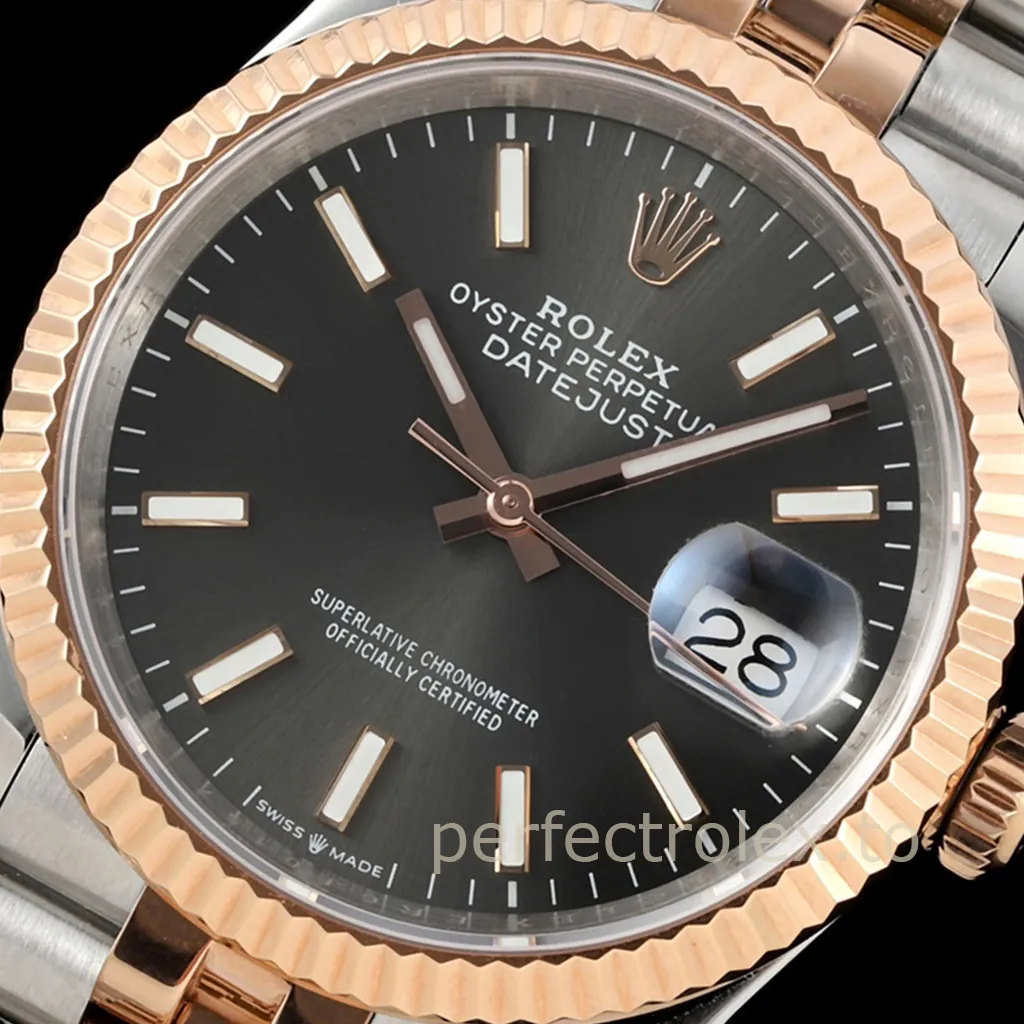 Rolex Oyster Perpetual Datejust two-tone watch close-up with black dial, rose gold fluted bezel, steel bracelet and date window