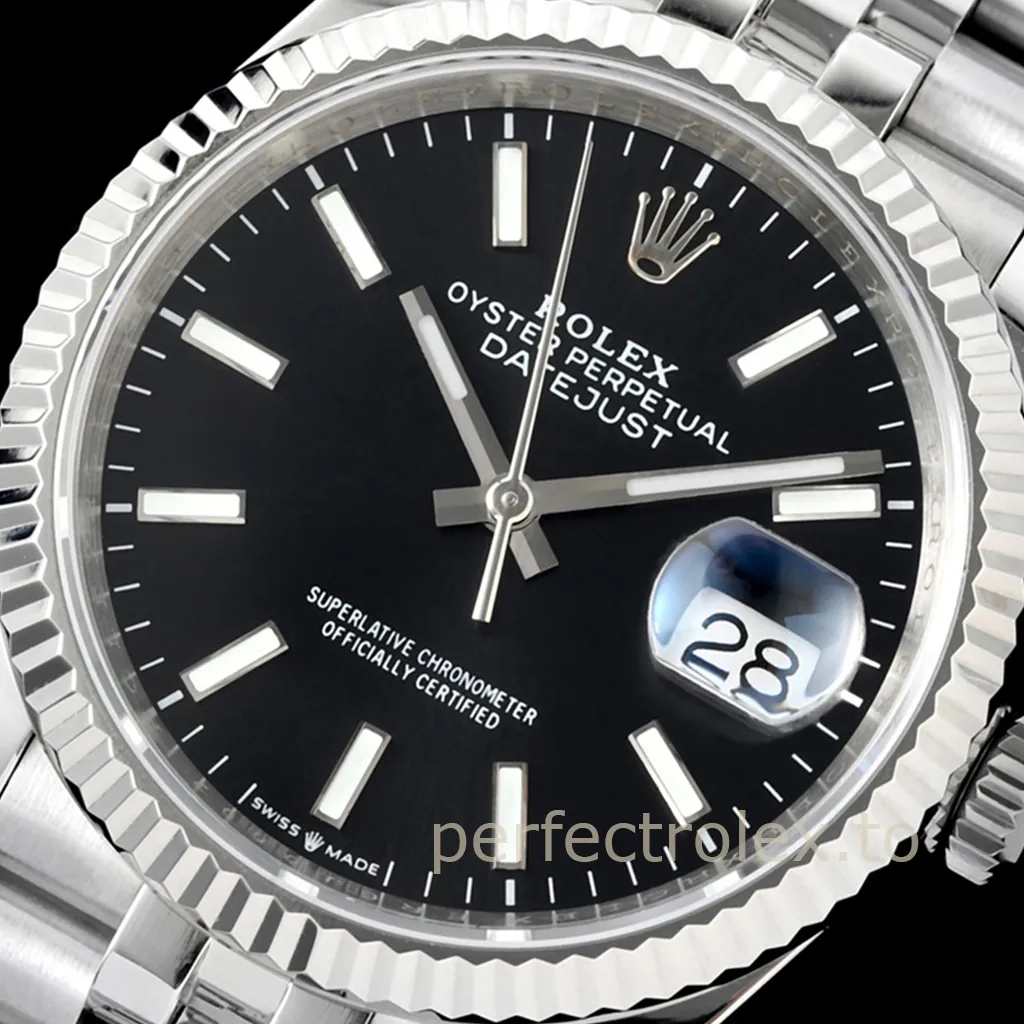 Rolex Datejust 36 black dial watch with baton hour markers, fluted bezel, Jubilee bracelet and Cyclops date window.