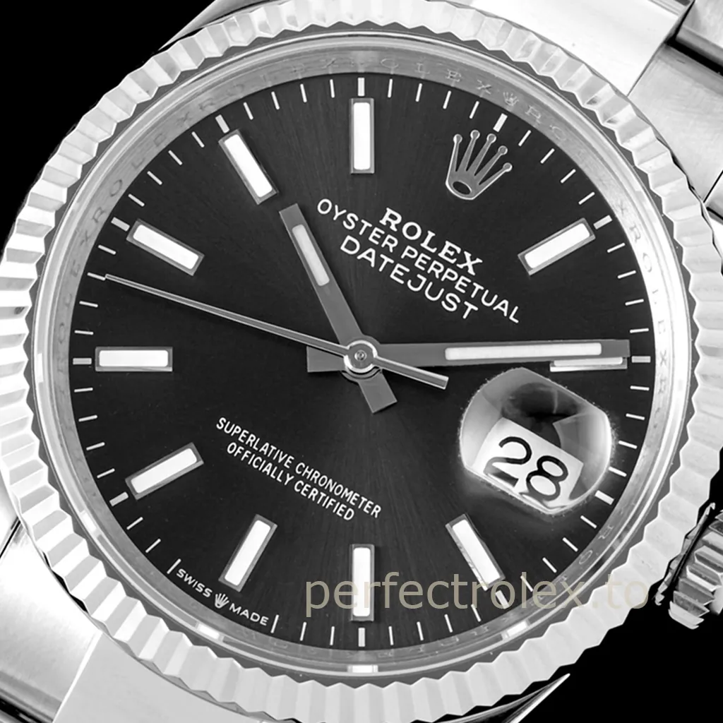 Rolex Datejust 36 black dial watch with baton hour markers, fluted bezel, Oyster bracelet and Cyclops date window.