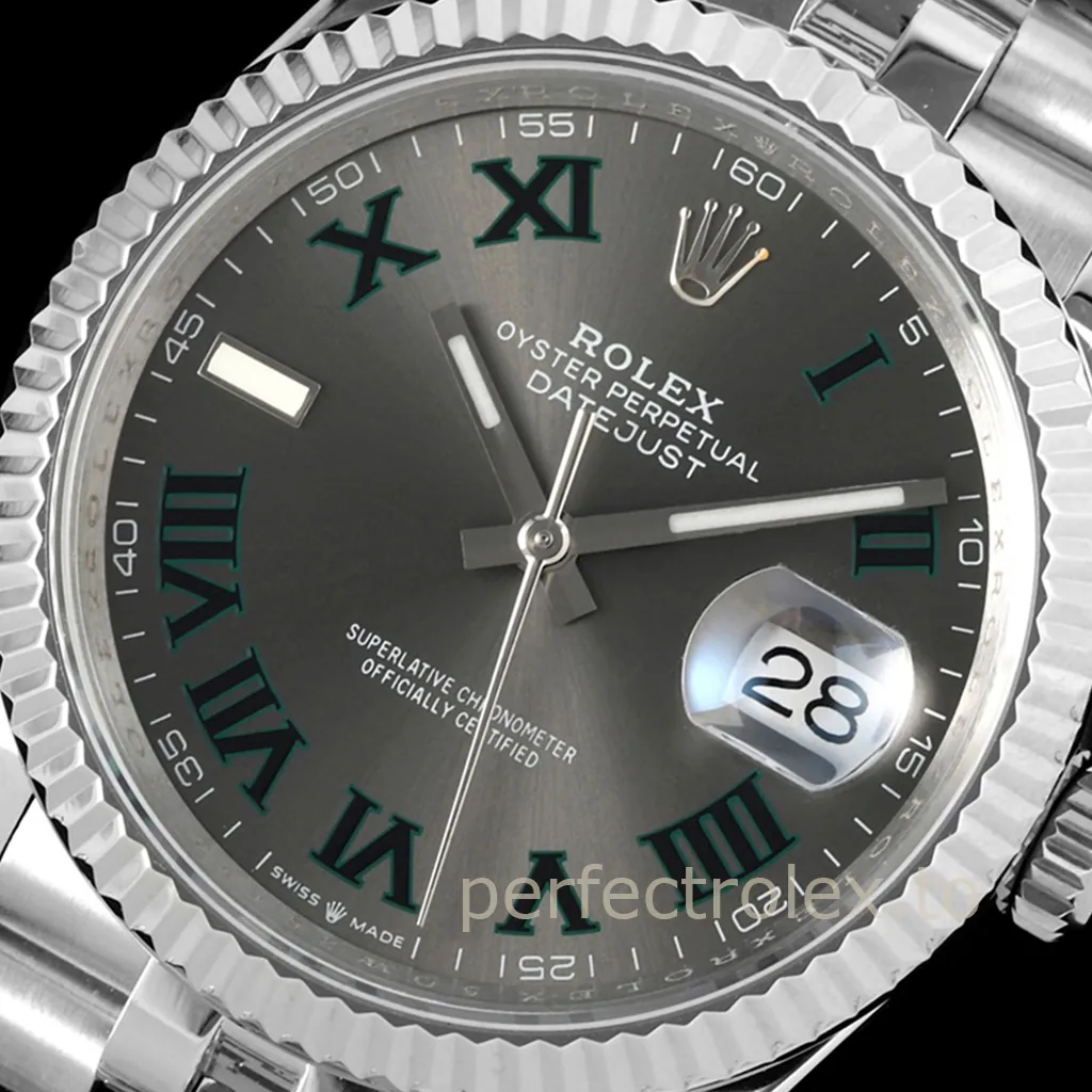 Rolex Datejust 36 Wimbledon dial watch with grey Roman numerals, white gold fluted bezel, Jubilee bracelet and Cyclops date window.