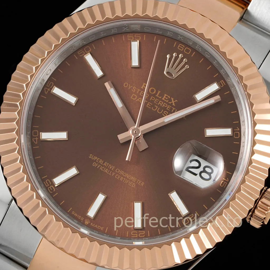 Rolex Datejust two-tone rose gold and stainless steel watch with brown dial, fluted bezel, Oyster bracelet, and date magnifier