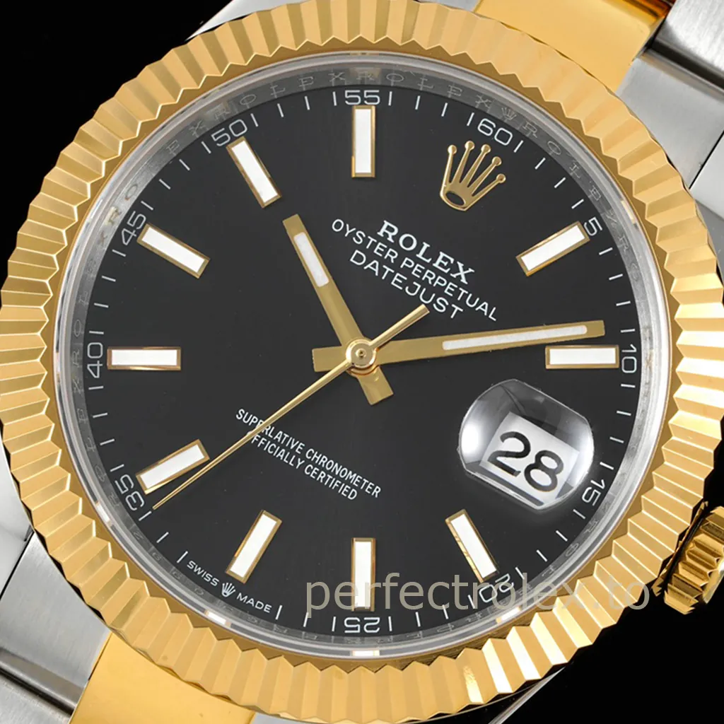 Rolex Oyster Perpetual Datejust two-tone watch with black dial, gold fluted bezel, baton hour markers, and date window.