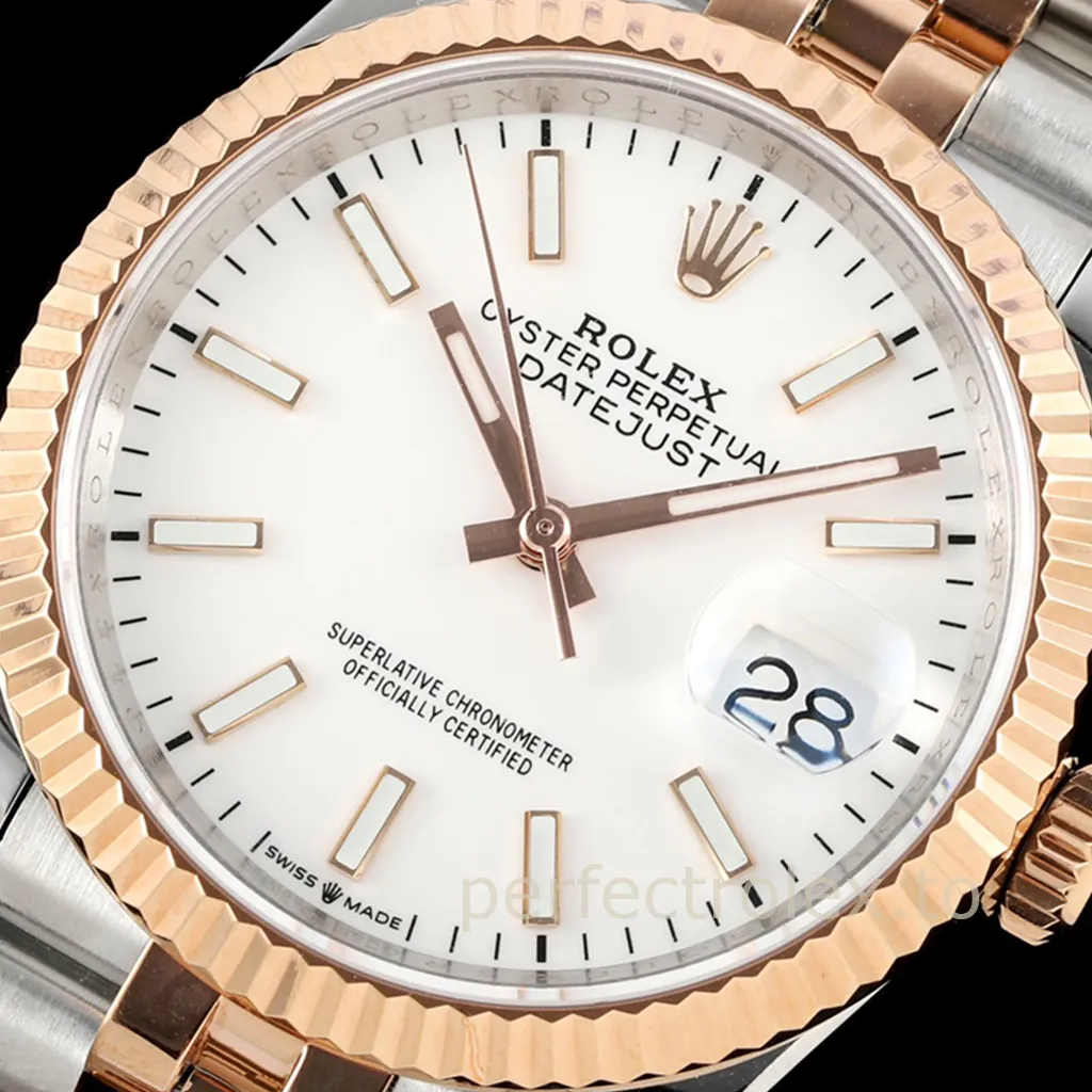 Rolex Datejust two-tone rose gold and stainless steel watch with white dial, fluted bezel, Jubilee bracelet, and date magnifier