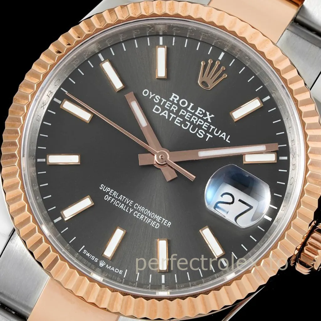 Rolex Datejust two-tone rose gold and stainless steel watch with grey dial, fluted bezel, Oyster bracelet, and date magnifier