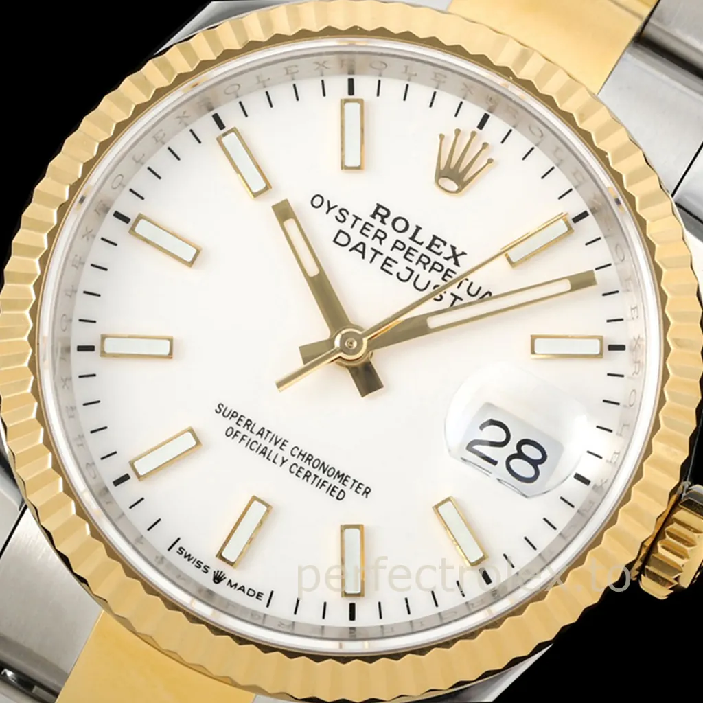 Rolex Datejust two-tone watch with white dial, yellow gold fluted bezel, Oyster bracelet, and date magnifier