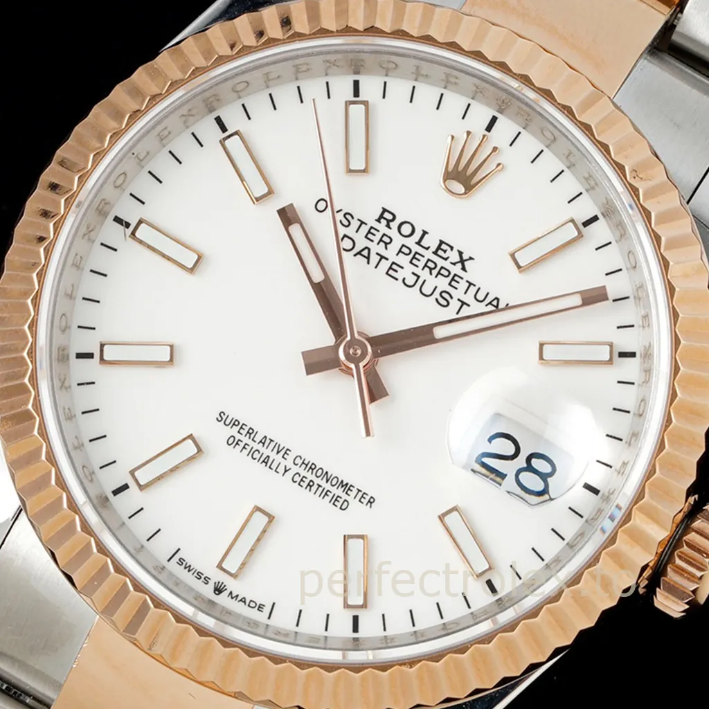 Rolex Datejust two-tone rose gold and stainless steel watch with white dial, fluted bezel, Oyster bracelet, and date magnifier