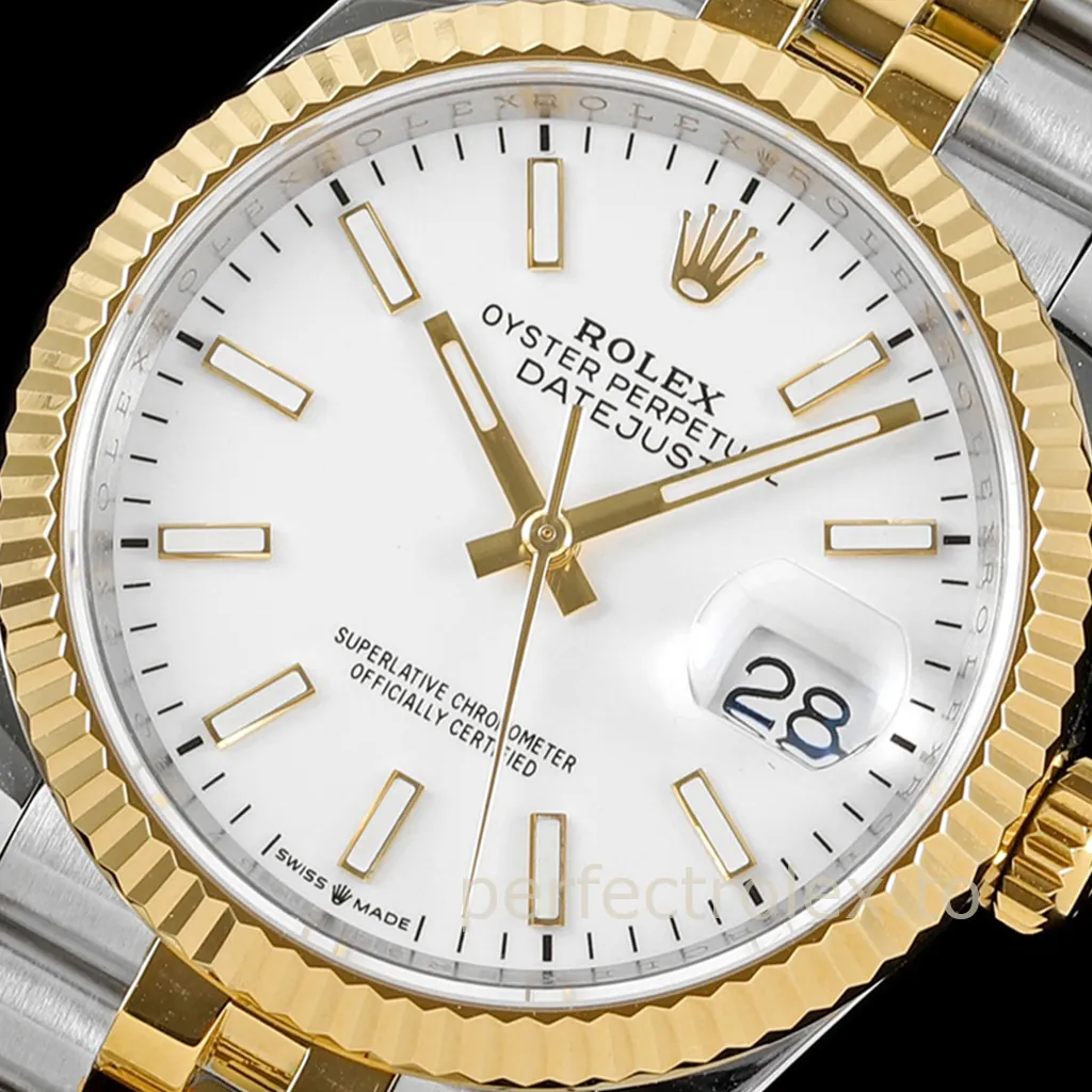 Rolex Datejust two-tone watch with white dial, yellow gold fluted bezel, Jubilee bracelet, and date magnifier