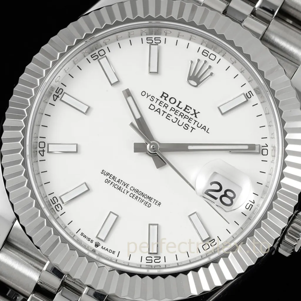 Rolex Datejust 41 white dial watch with silver fluted bezel, baton hour markers, Cyclops date window, and stainless steel Jubilee bracelet.