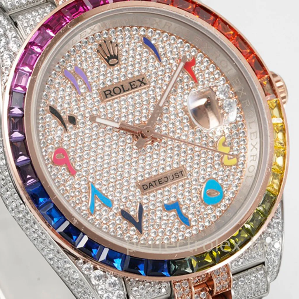 Rolex Datejust rainbow bezel watch with diamond pav&eacute; dial, colorful Arabic hour markers, Cyclops date window, and diamond-set two-tone bracelet.