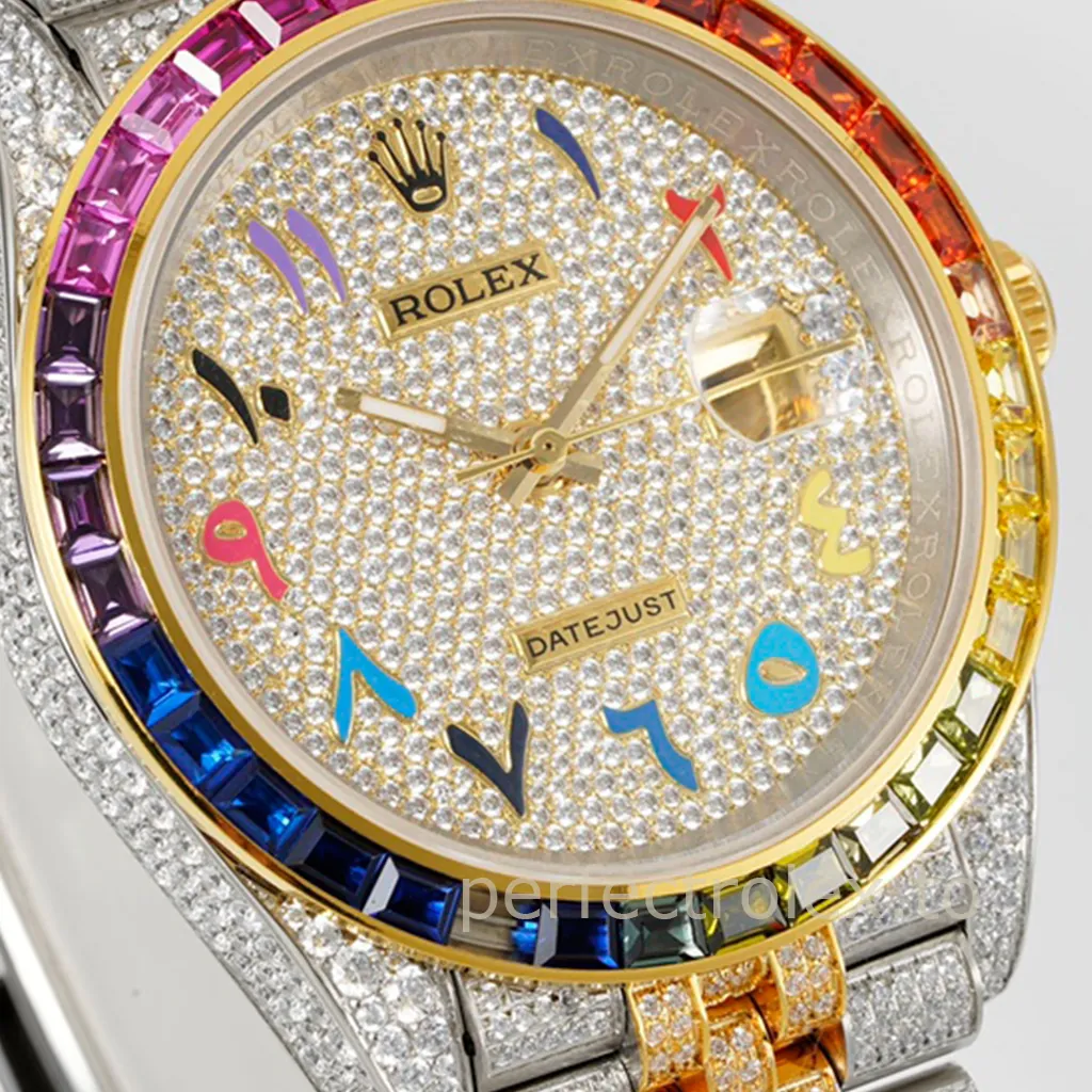 Rolex Datejust two-tone diamond watch with rainbow gemstone bezel, colorful Arabic numeral dial, date window and iced bracelet close-up
