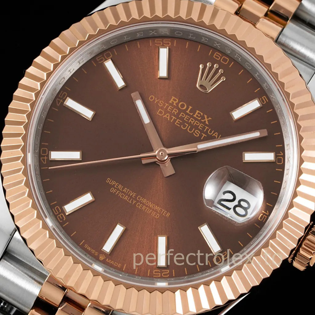 Rolex Oyster Perpetual Datejust two-tone watch with chocolate brown dial, fluted rose gold bezel, Jubilee bracelet, and date window