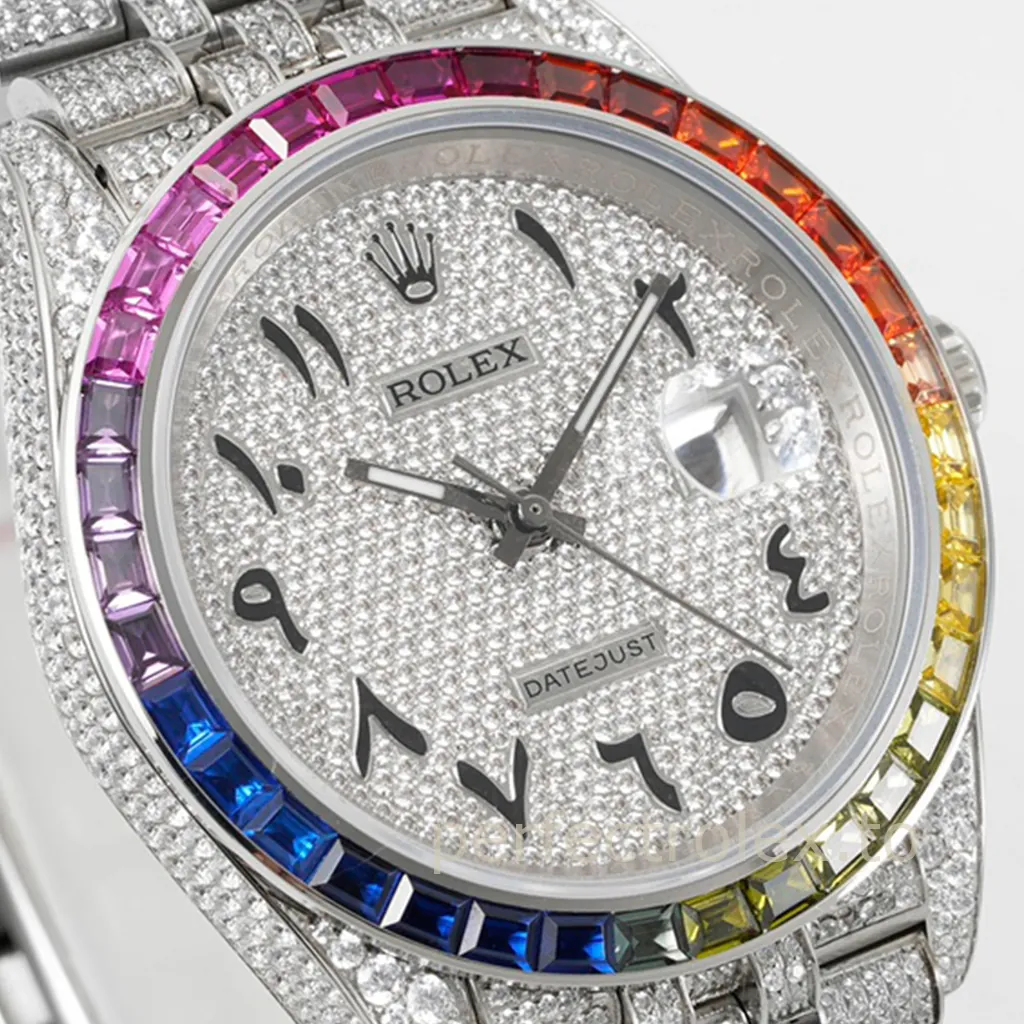 Rolex Datejust diamond watch with rainbow gemstone bezel, Arabic numeral dial, date window and iced-out Jubilee bracelet close-up