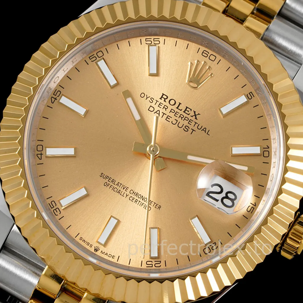 Rolex Datejust 41 two-tone watch with champagne dial, gold fluted bezel, baton hour markers, Cyclops date window, and steel-gold bracelet.