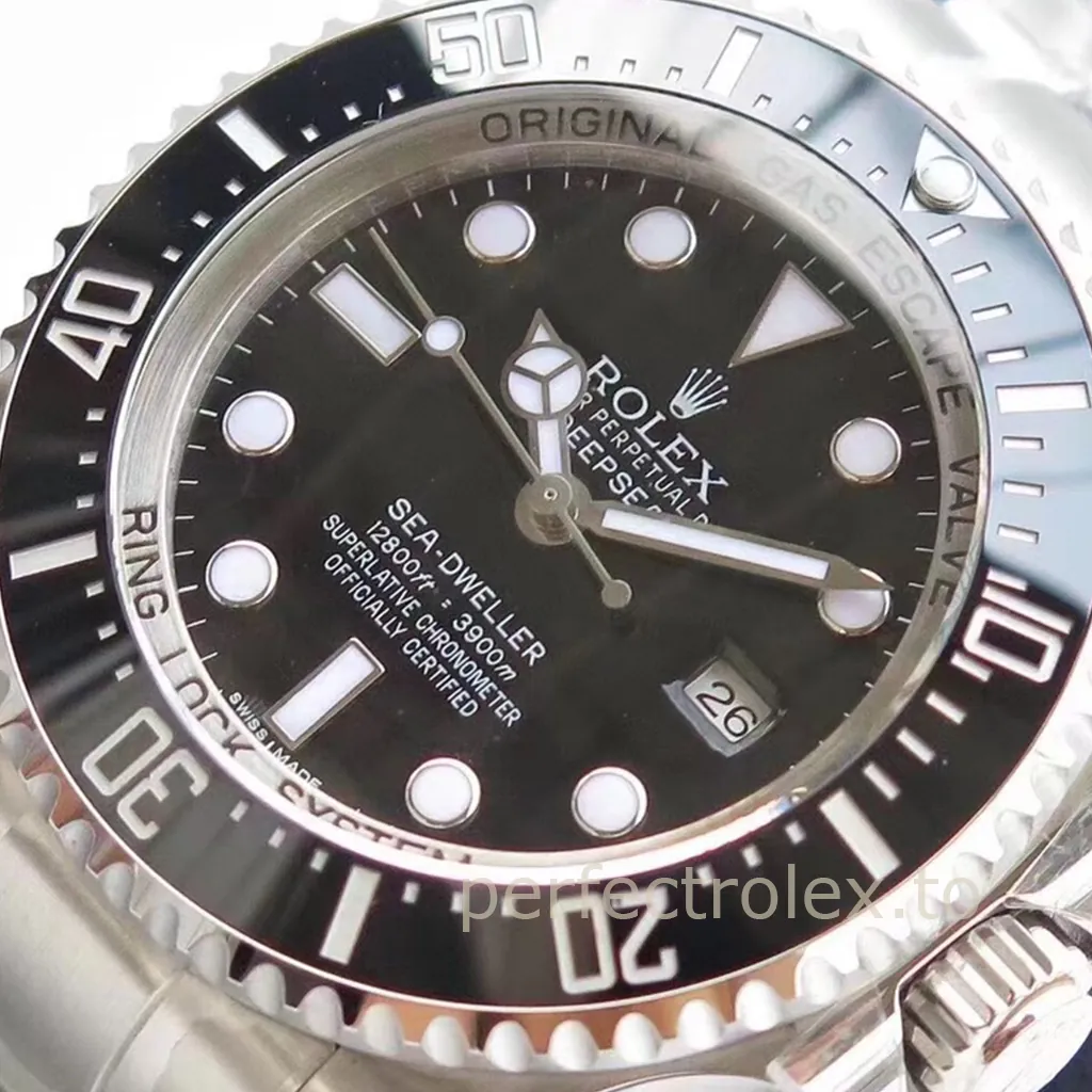 Rolex Sea-Dweller Deepsea black dial watch with ceramic bezel, date window, Oyster bracelet and 3900m dive rating close-up
