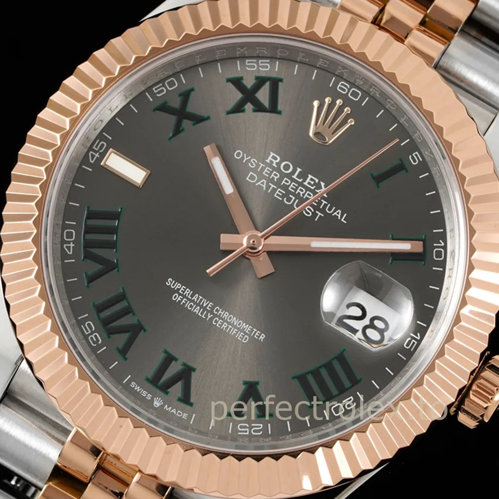 Rolex Datejust 41 Wimbledon dial watch with Everose gold fluted bezel, two-tone bracelet, green Roman numerals, and date window.