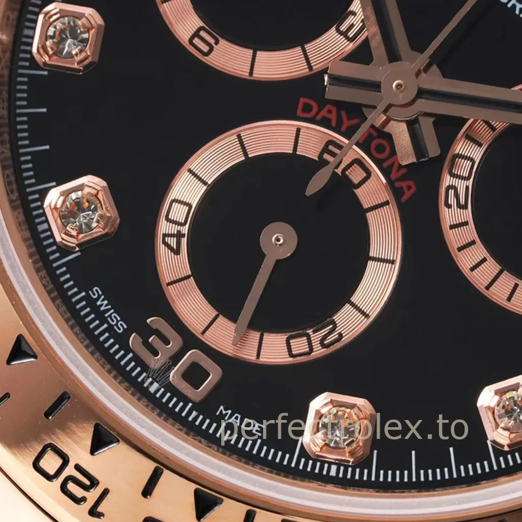 Rolex Cosmograph Daytona 116505 close-up with black dial, rose gold chronograph subdials, diamond hour markers, and red Daytona lettering.