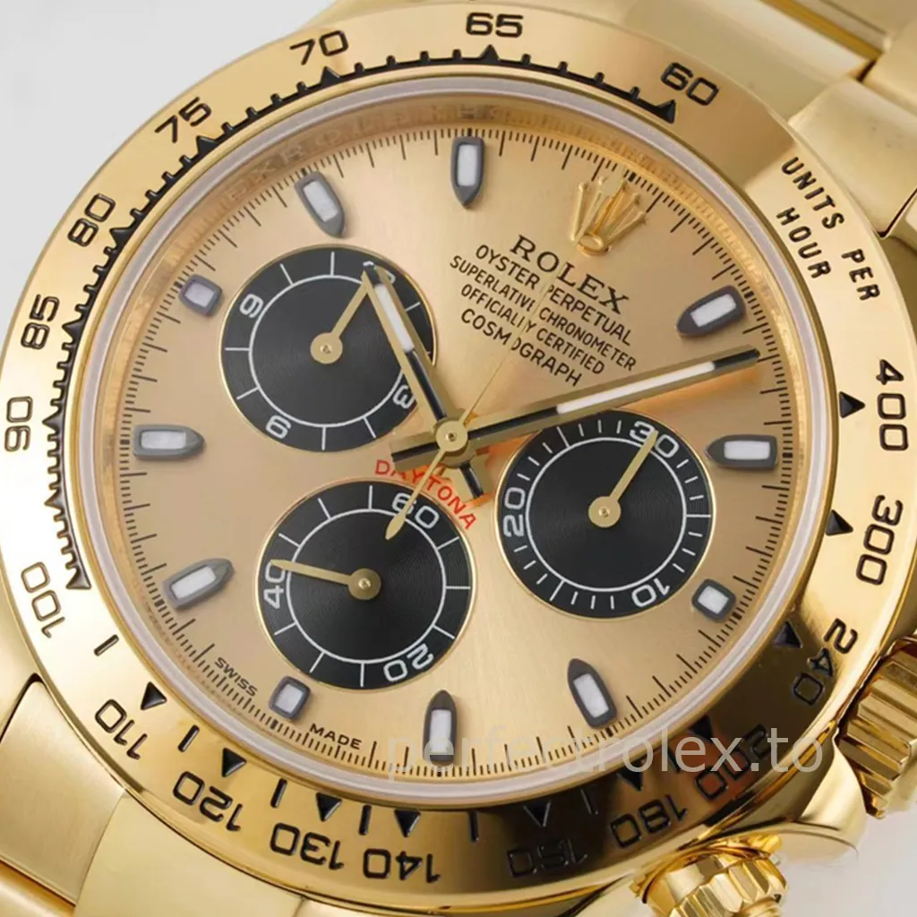 Rolex Cosmograph Daytona in 18K yellow gold with a champagne dial, black chronograph subdials, and engraved tachymeter bezel.