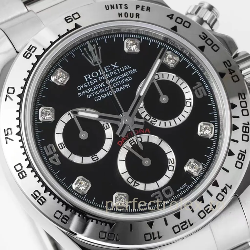 Rolex Cosmograph Daytona 116509-0055 40mm luxury chronograph with black dial, diamond hour markers, three subdials, and silver tachymeter bezel.