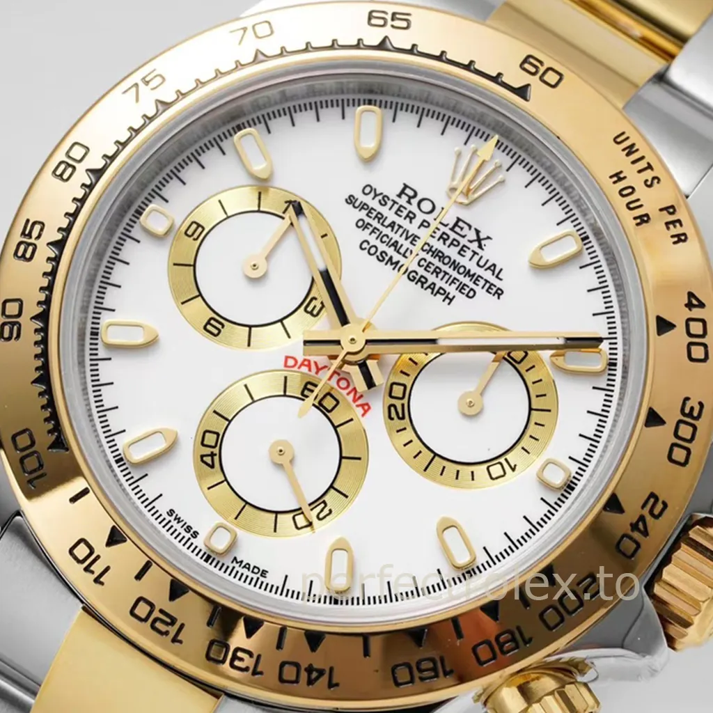 Rolex Daytona 116503 40mm two-tone chronograph watch with white dial, gold subdials, tachymeter bezel, and Oyster bracelet close-up