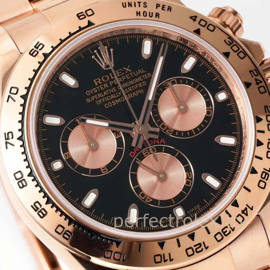 Rolex Daytona 116505 40mm rose gold chronograph watch with black dial, rose gold subdials, tachymeter bezel, and Oyster bracelet close-up