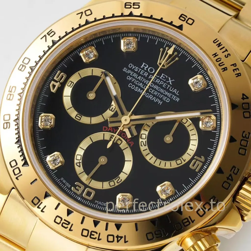 Rolex Daytona 116508 40mm yellow gold chronograph watch with black diamond dial, gold subdials, tachymeter bezel, and Oyster bracelet close-up